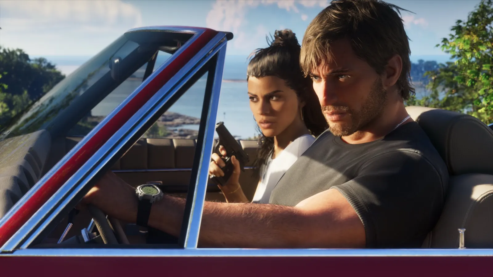 Jason and Lucia in a convertible in GTA 6